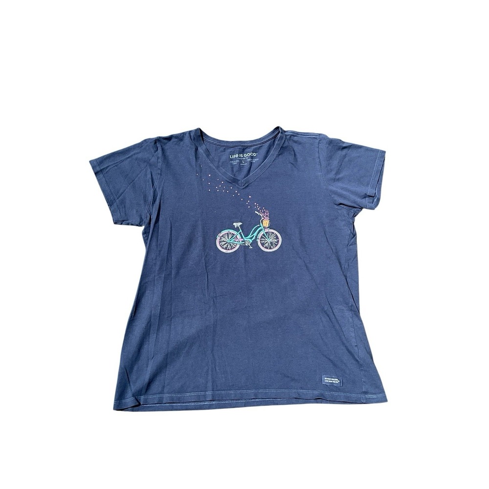 LIFE IS GOOD Shirt Womens L Bike Flower Baskets Crusher V-Neck Cotton Navy Blue
